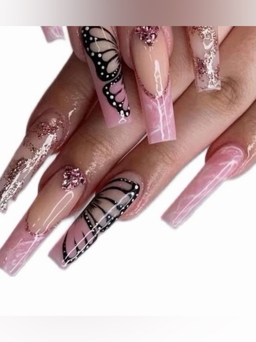 Pink Butterfly Acrylic Nail Set with Rose Gold Glitter